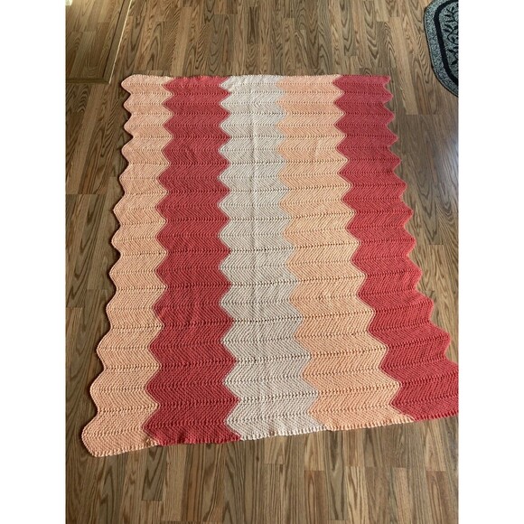 VINTAGE AFGHAN Crochet Zig Zag Blanket Chevron Handmade 52" x 67" - Picture 1 of 4